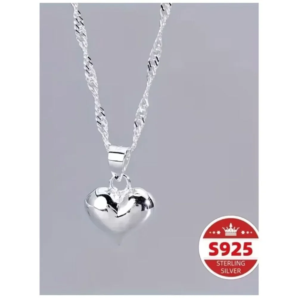 NWT-Heart Pendant Necklace Puffy Sterling Plate Twist Chain Modern Classic